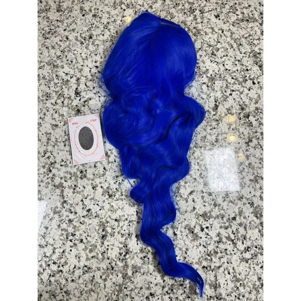 NOSTALGIA Dark Blue Wig with Bangs for Women, 26 Inch Wavy Synthetic Wig